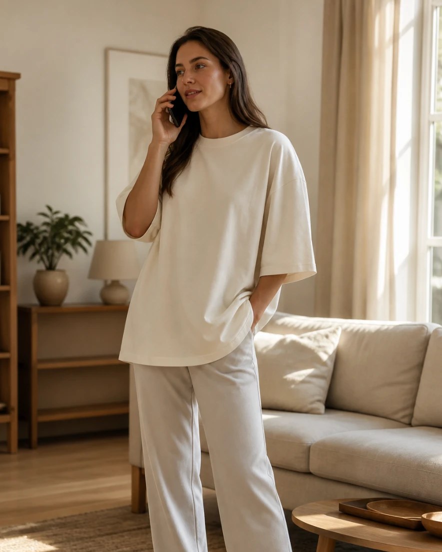 The Cream tee worn full length, showing the oversized drop-shoulder cut.