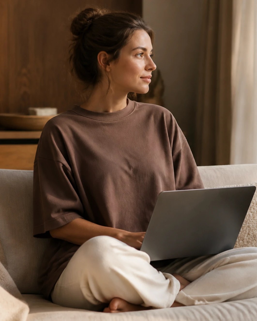 The Mocha tee worn cross-legged on a sofa with a laptop, showing how the oversized cut sits when working.