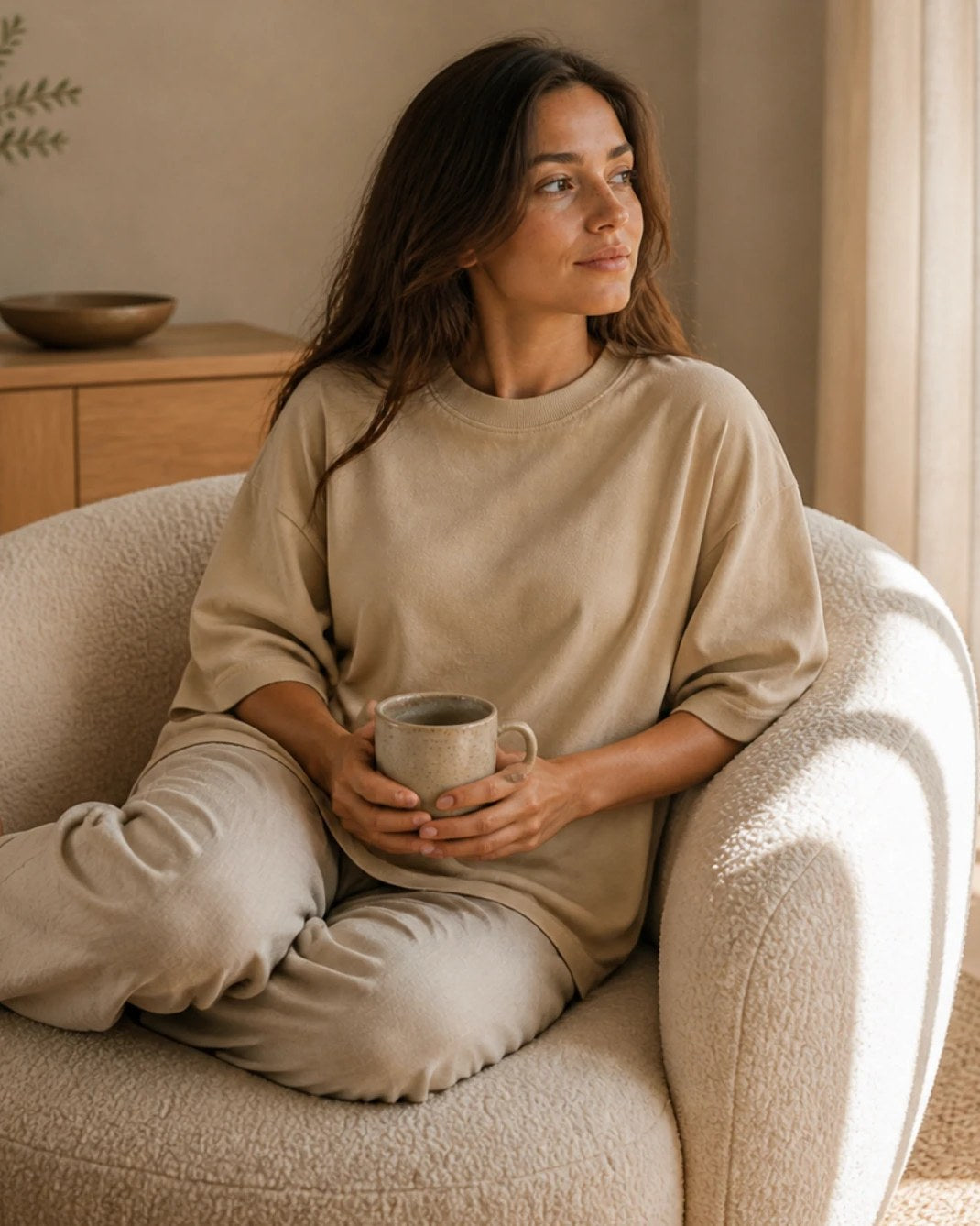 The Sand tee worn curled up in an armchair with a mug, showing how the oversized cut falls when seated.