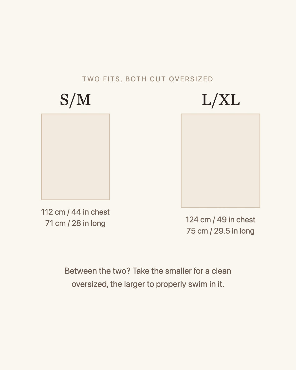 Size guide: S/M is 112 cm (44 in) across the chest and 71 cm (28 in) long; L/XL is 124 cm (49 in) across the chest and 75 cm (29.5 in) long.