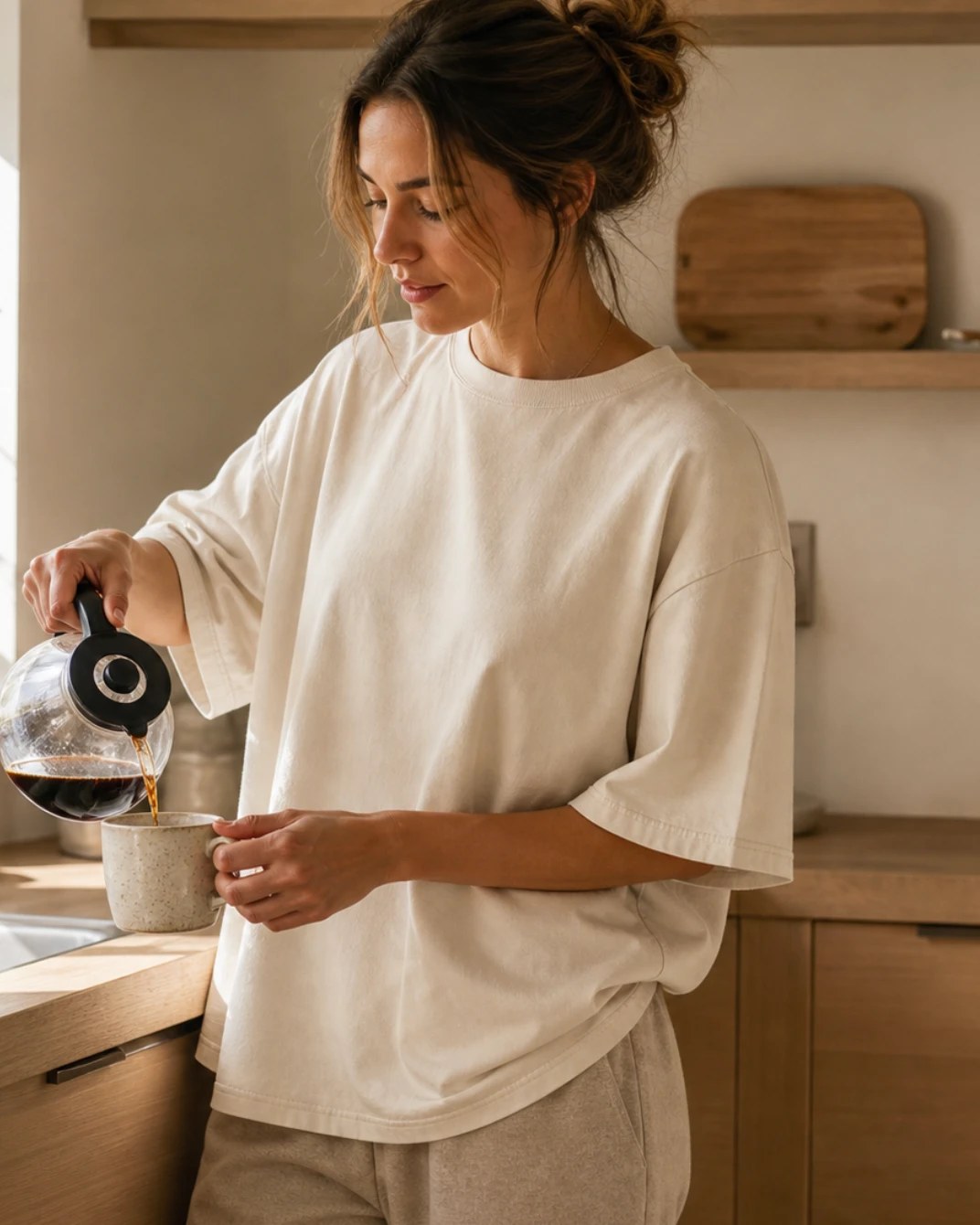 The Cream tee worn in a kitchen first thing, pouring coffee — the oversized sleeve falling to the elbow.