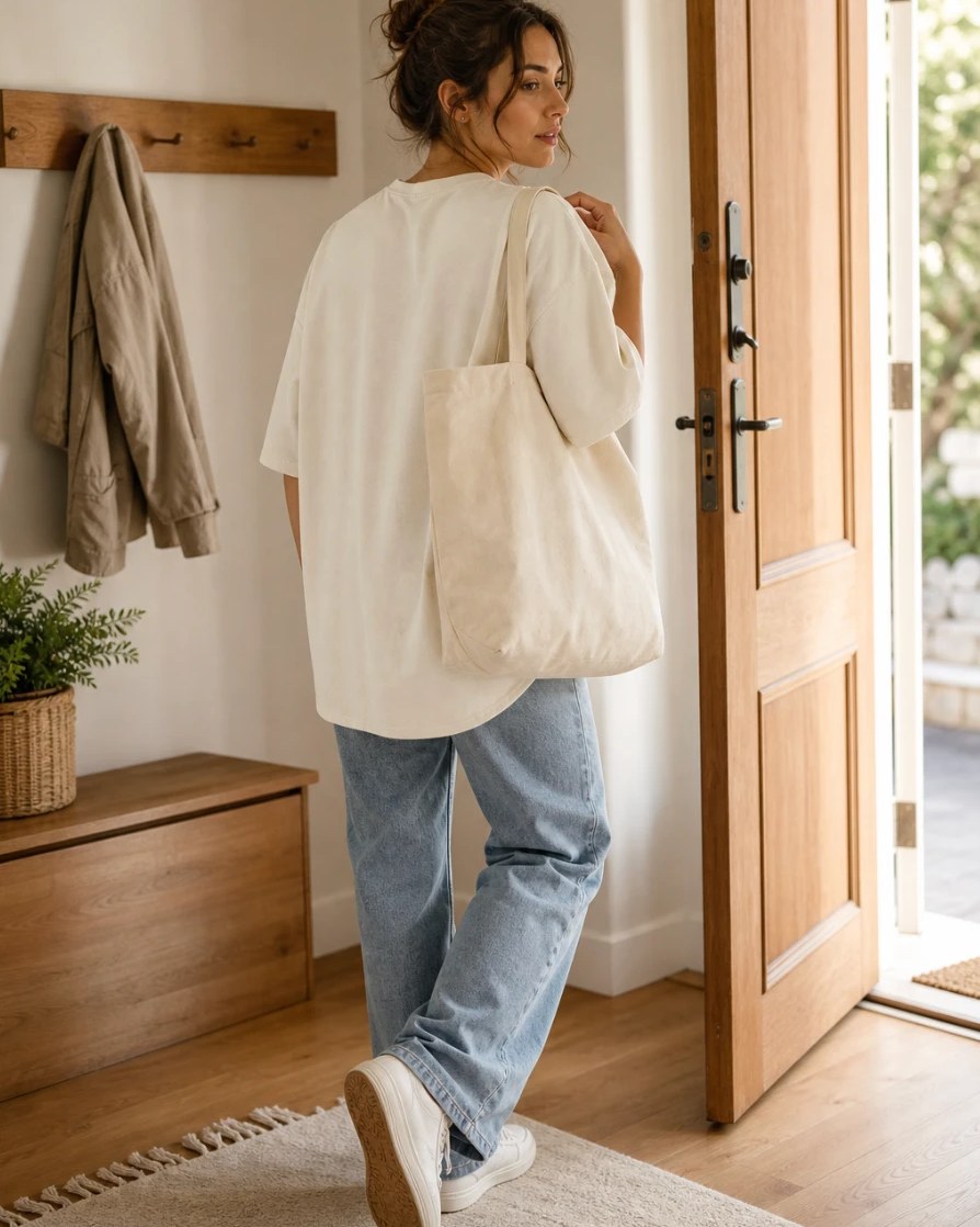 The Cream tee worn on the way out of the door with a tote — the curved hem falling past the hip over jeans.