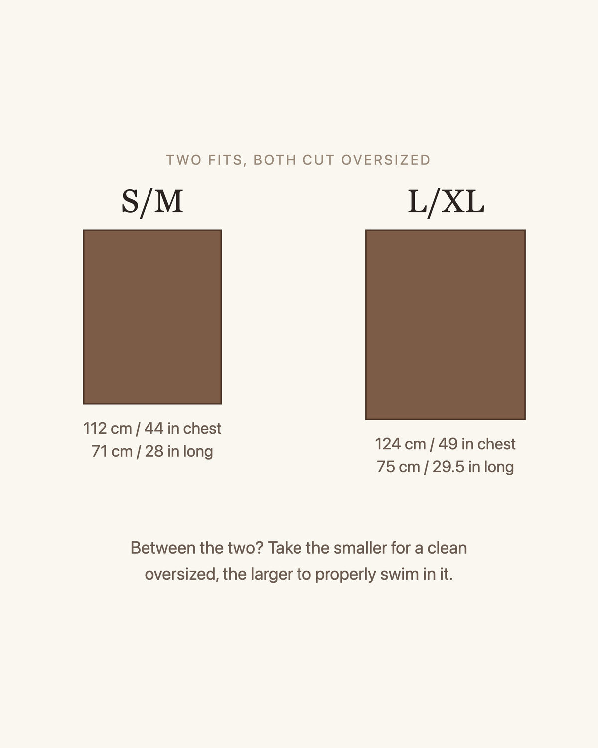 Size guide: S/M is 112 cm (44 in) across the chest and 71 cm (28 in) long; L/XL is 124 cm (49 in) across the chest and 75 cm (29.5 in) long.