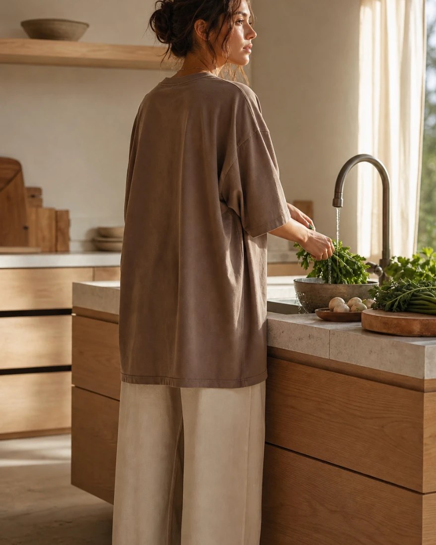 The Mocha tee seen from behind at a kitchen sink — the back is completely plain.