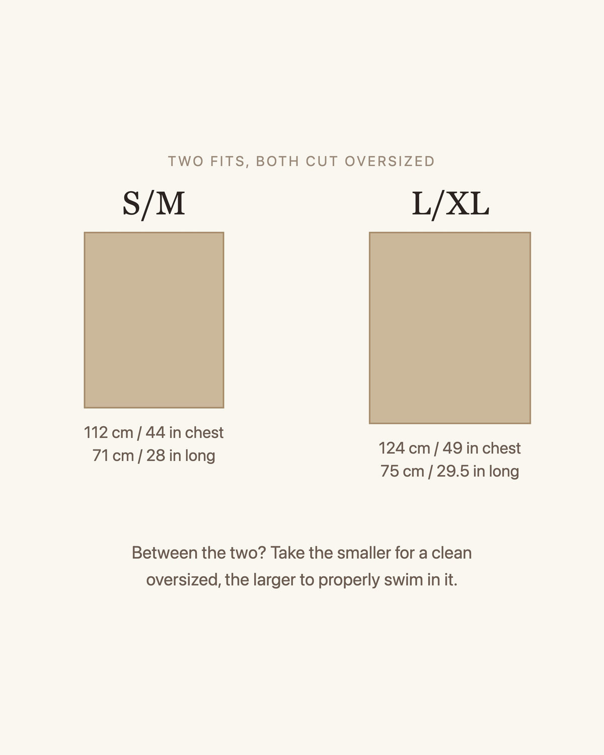 Size guide: S/M is 112 cm (44 in) across the chest and 71 cm (28 in) long; L/XL is 124 cm (49 in) across the chest and 75 cm (29.5 in) long.