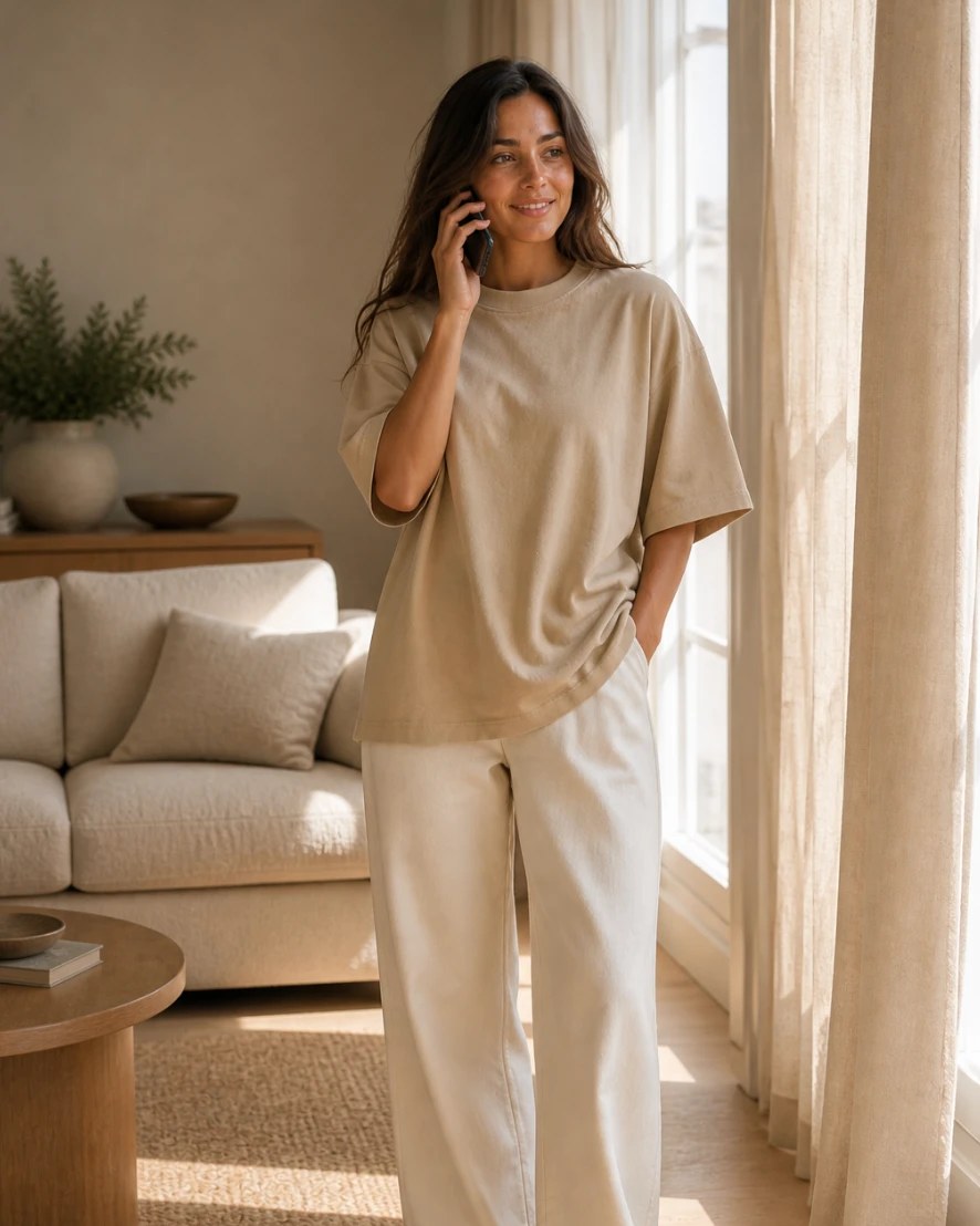 The Sand tee worn full length, showing the oversized drop-shoulder cut.