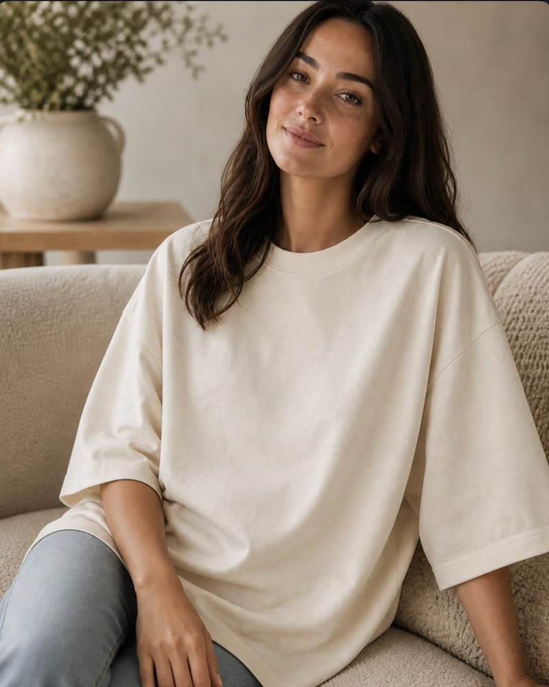 A visualisation of the oversized tee being worn, in cream